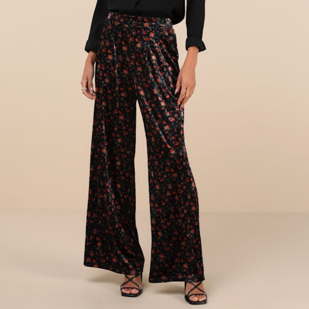 Chic Splendor Black Floral Velvet High Rise Wide-Leg Pants